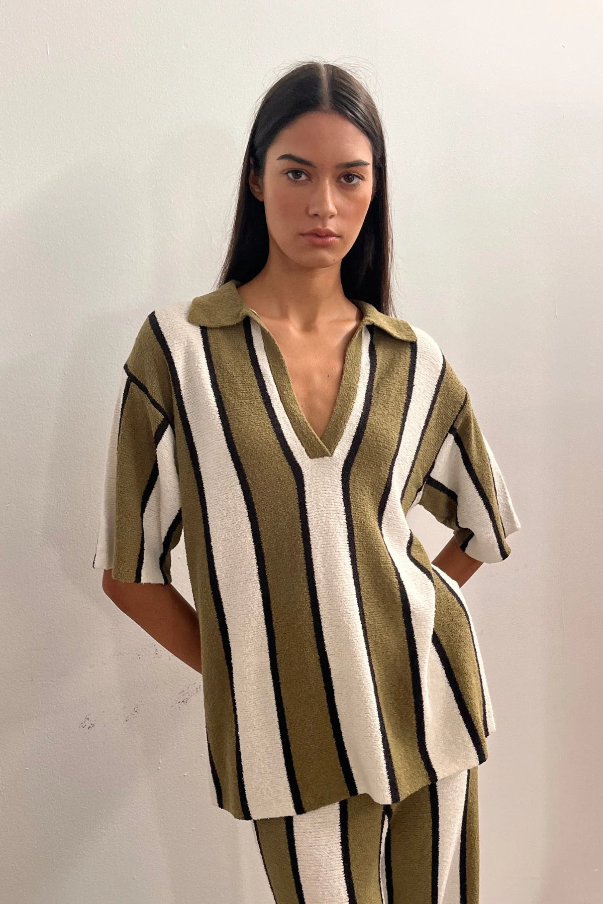 Olive Stripe Textured Knit Shirt