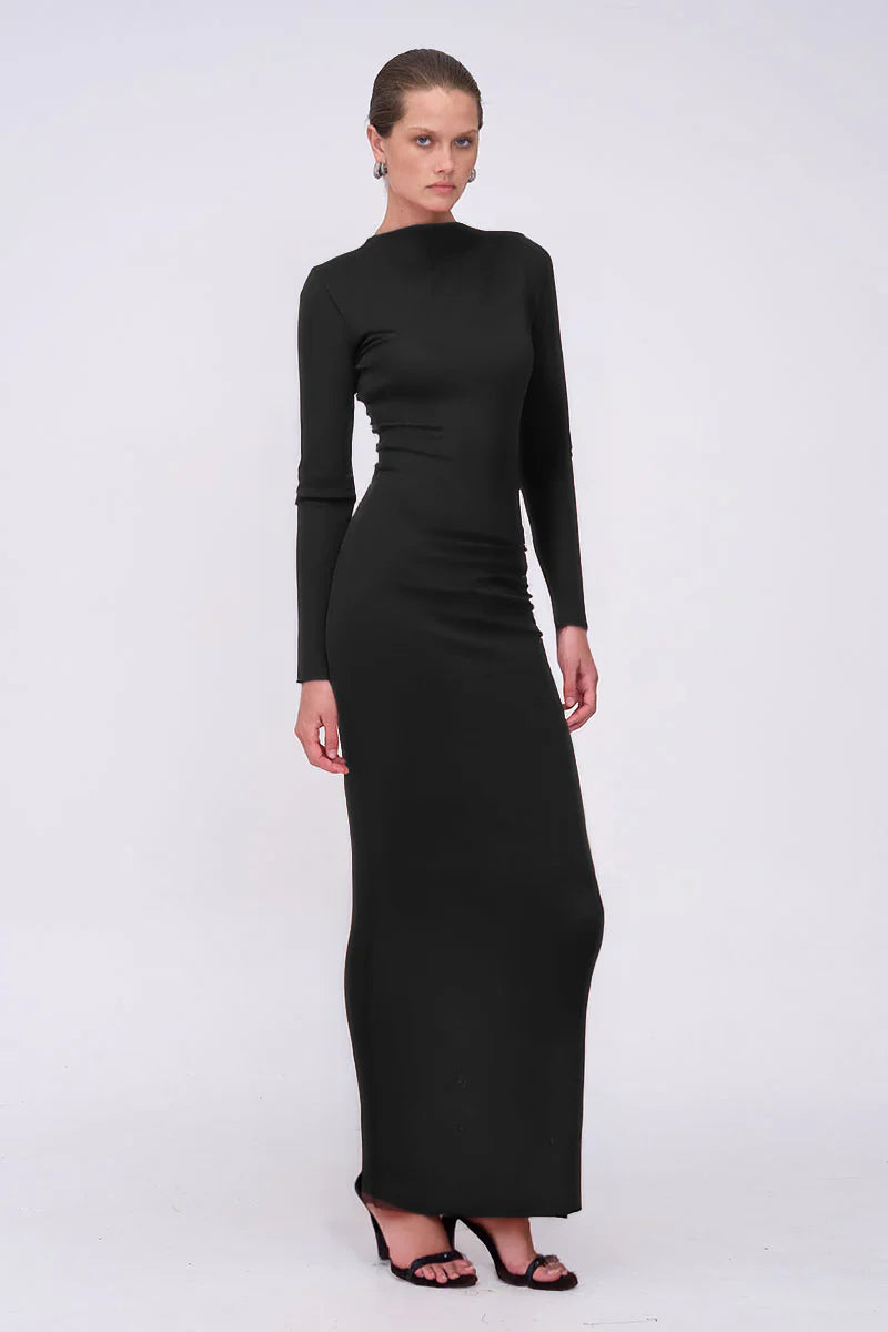 Jacqui Ruched Long Sleeve Maxi Dress - Black