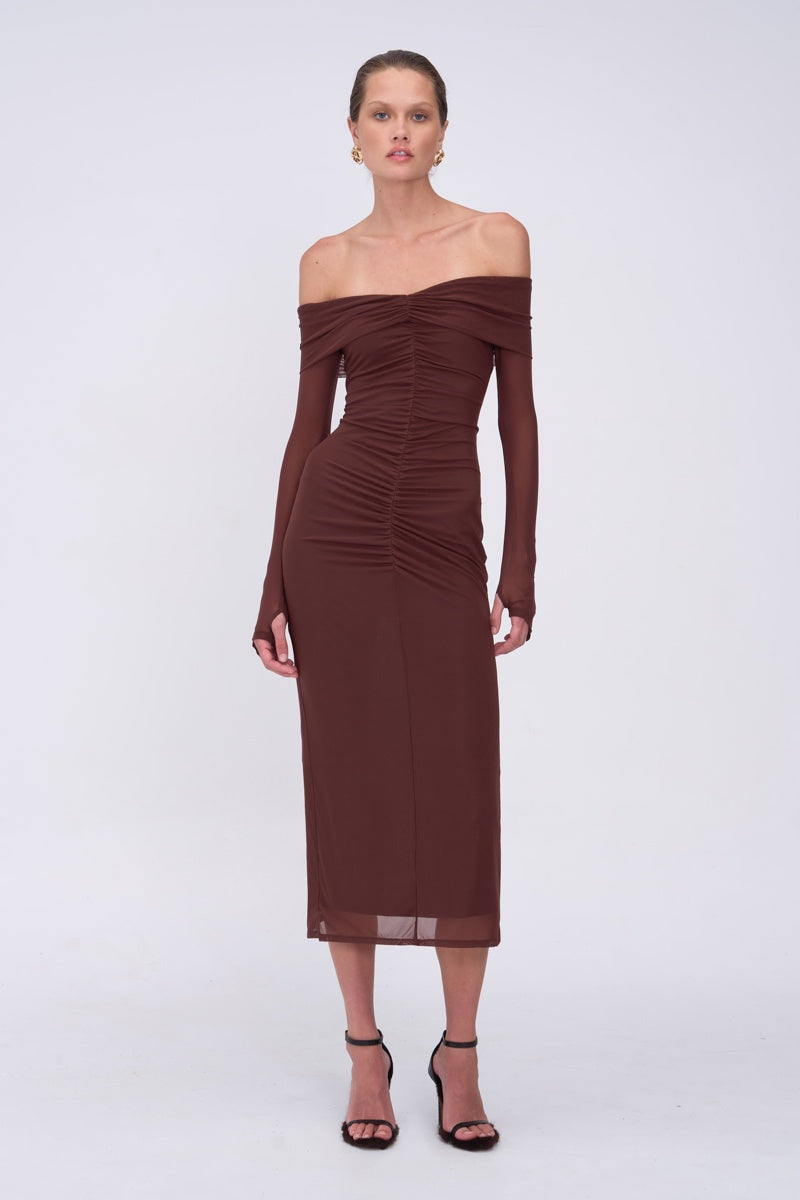 CHRISTY MESH OFF SHOULDER MIDI DRESS