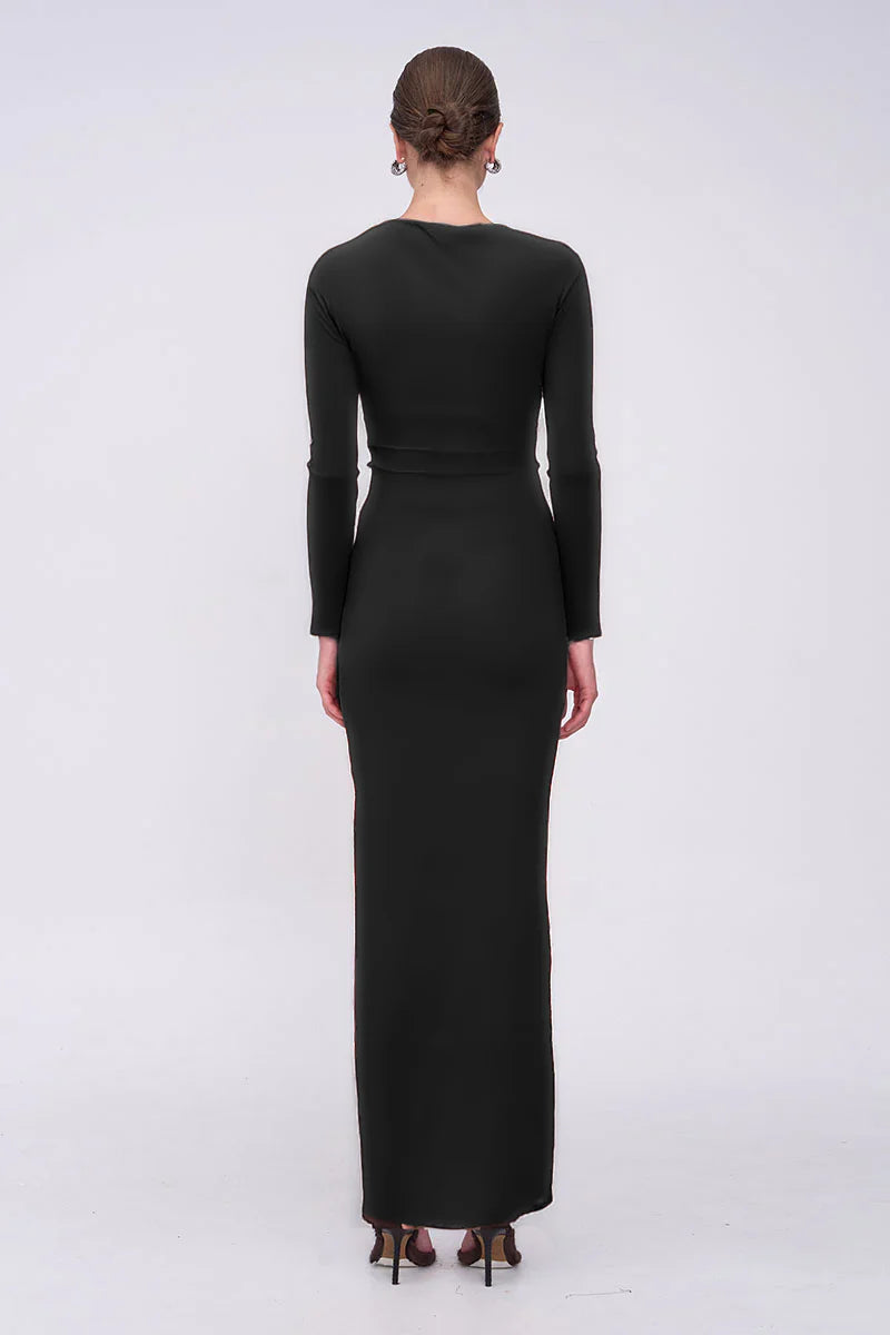 Jacqui Ruched Long Sleeve Maxi Dress - Black