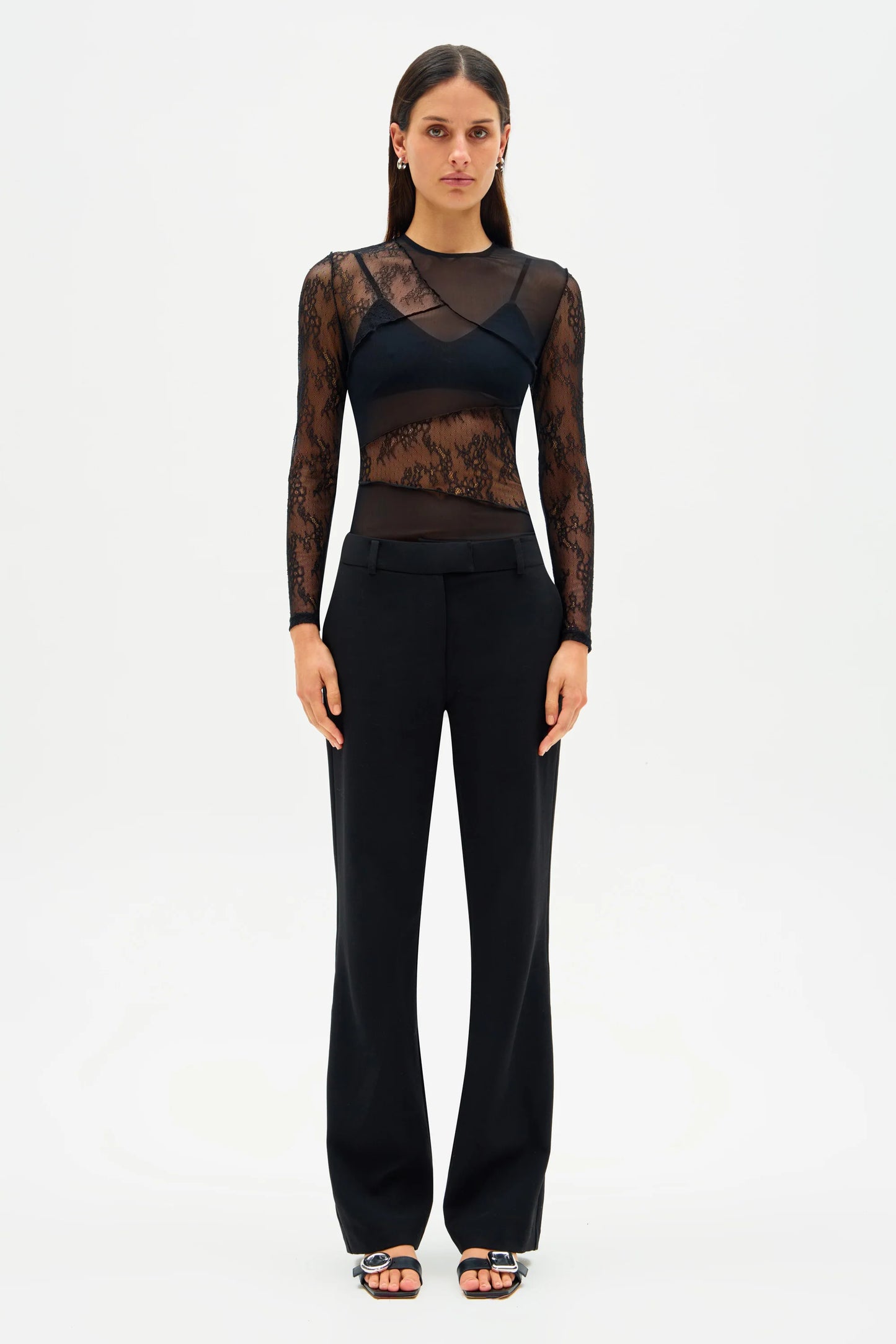 MAEVE LACE & MESH TOP BLK