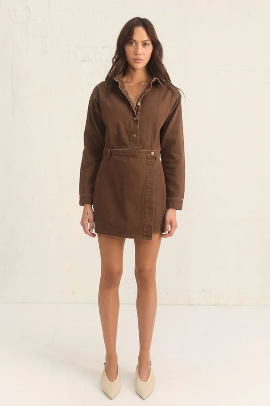 BAYSIDE DENIM DRESS -COFFEE