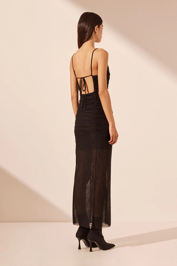 MIRA OPEN BACK RUCHED MIDI DRESS