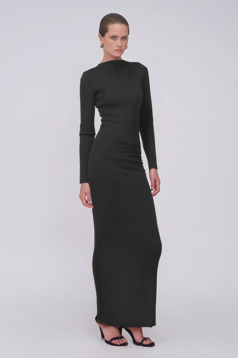 Jacqui Ruched Long Sleeve Maxi Dress - Black