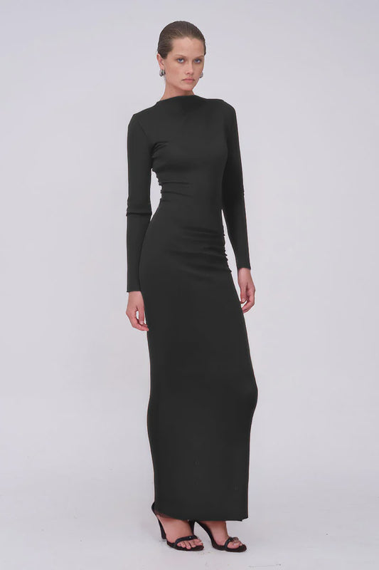 Jacqui Ruched Long Sleeve Maxi Dress - Black