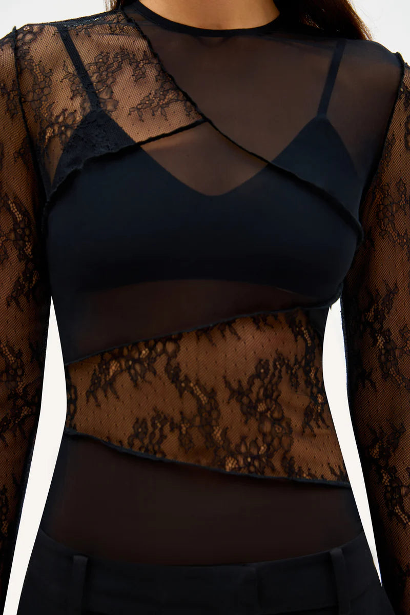 MAEVE LACE & MESH TOP BLK