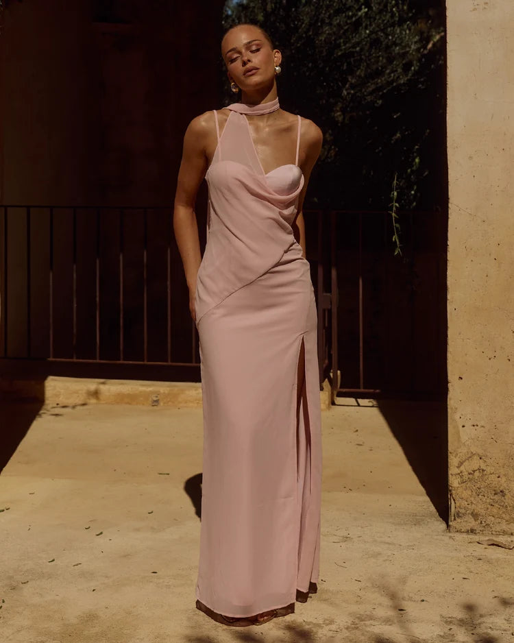 LIORA DRAPED SCARF MAXI DRESS - PINK
