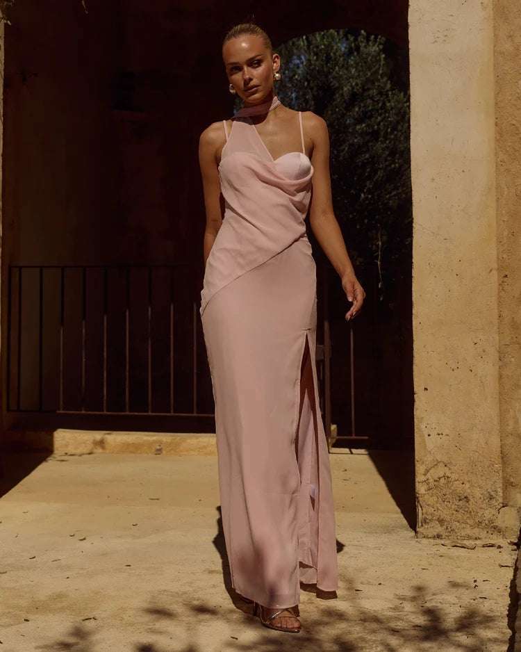LIORA DRAPED SCARF MAXI DRESS - PINK