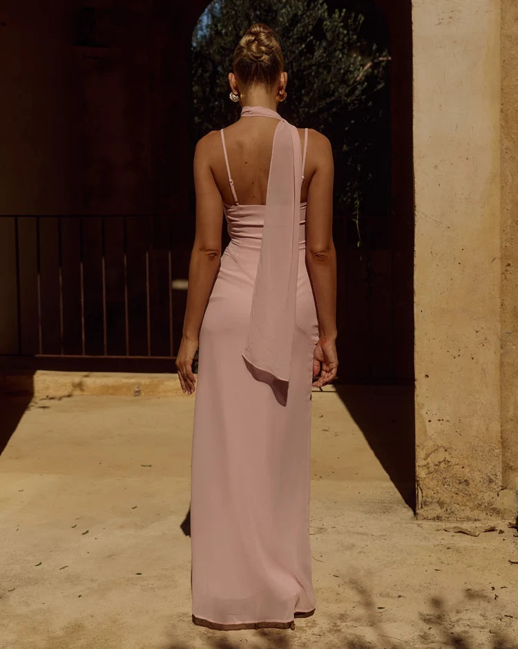 LIORA DRAPED SCARF MAXI DRESS - PINK