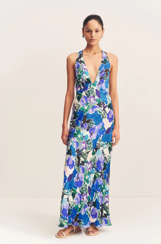 CURLEWIS PLUNDGE CROSS BACK MAXI DRESS